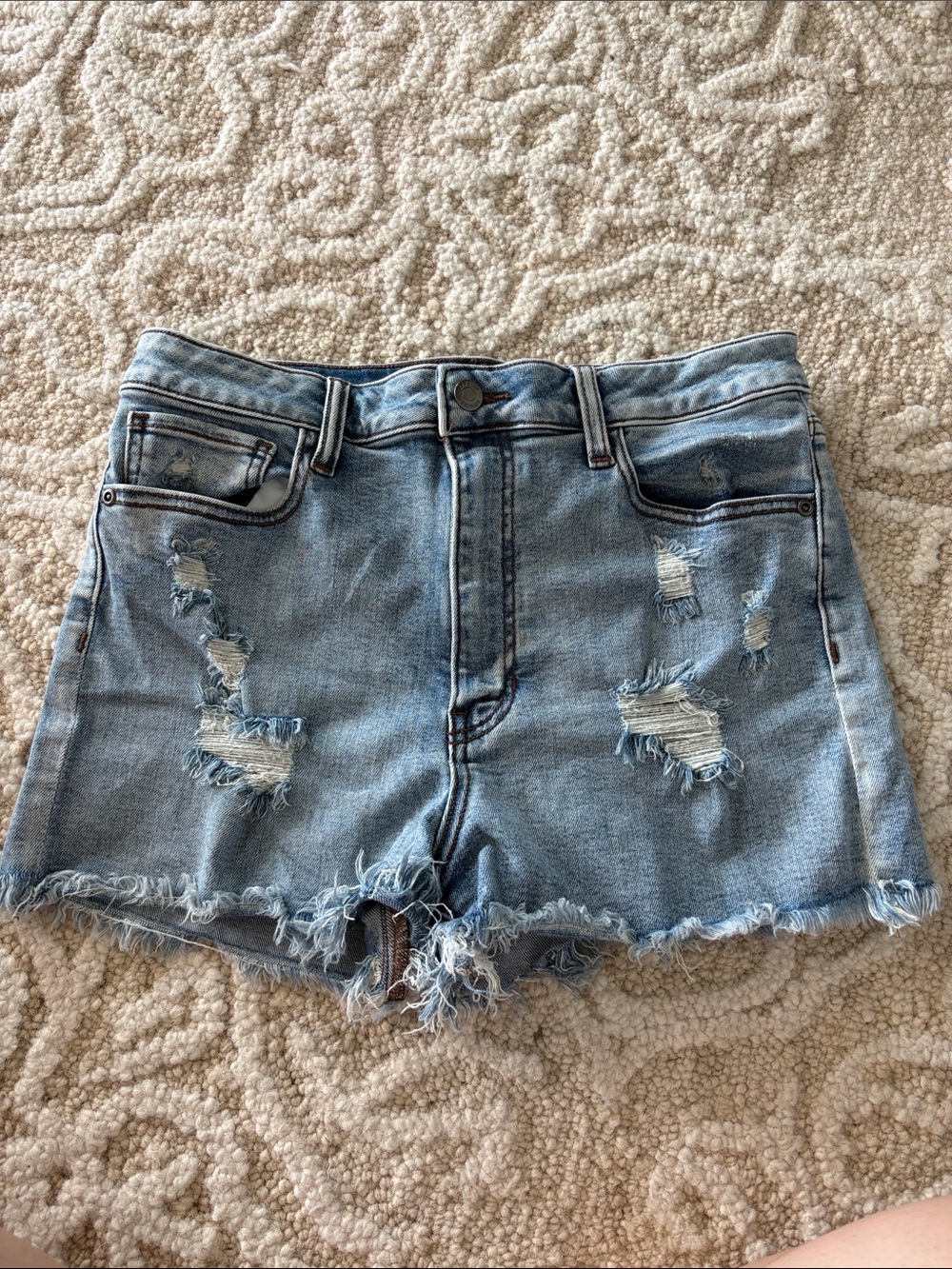 Light Blue Distressed Denim Jean Shorts - Casual Frayed Hem